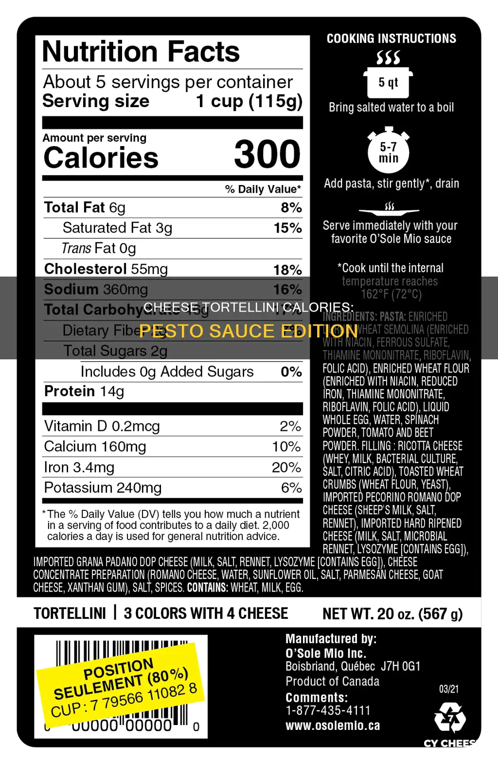 how many calories in cheese tortellini with pesto sauce